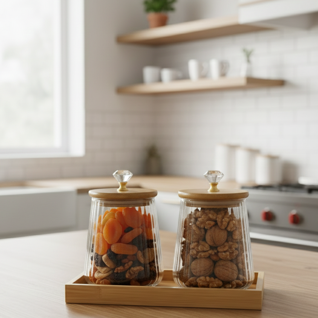 OakNest Glass Canister Set with Wooden Tray (1115)