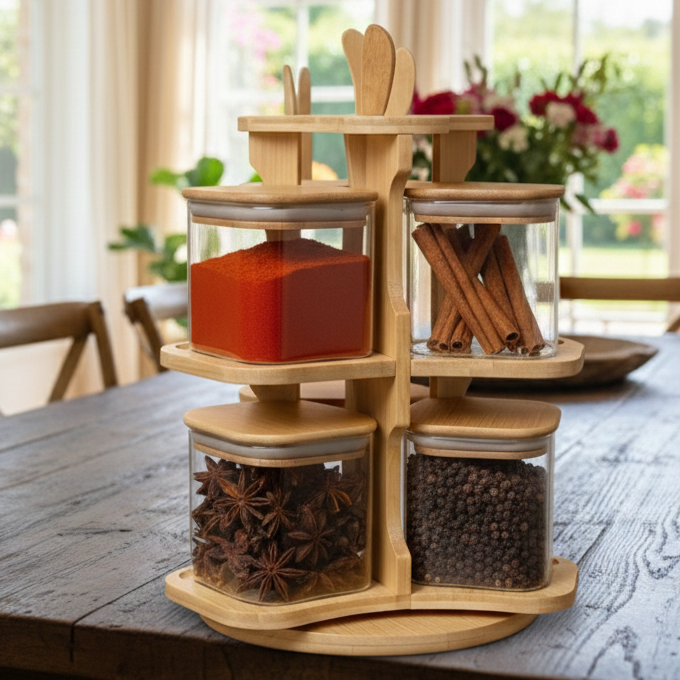 360° Bamboo & Glass Culinary Carousel with Square Jars (1135)