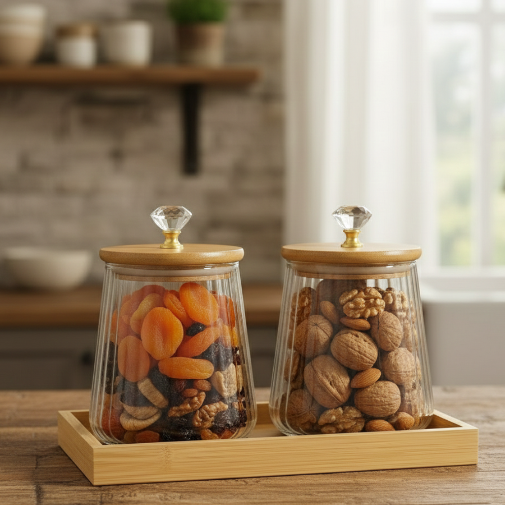 OakNest Glass Canister Set with Wooden Tray (1115)