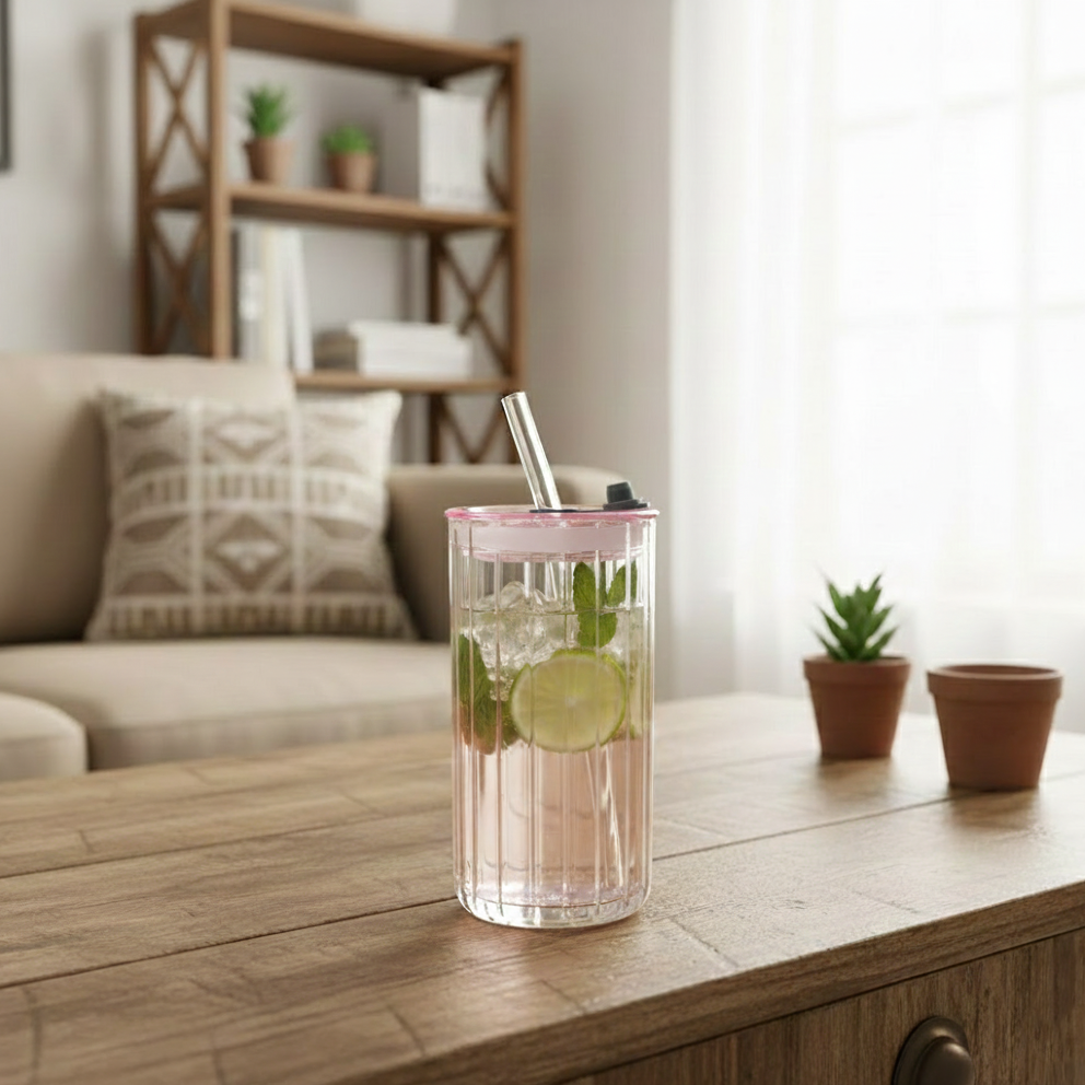 Reeded Glass Tumbler with Glass Straw