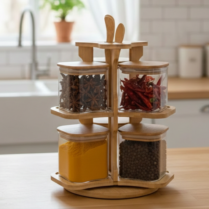 360° Bamboo & Glass Culinary Carousel with Square Jars (1135)