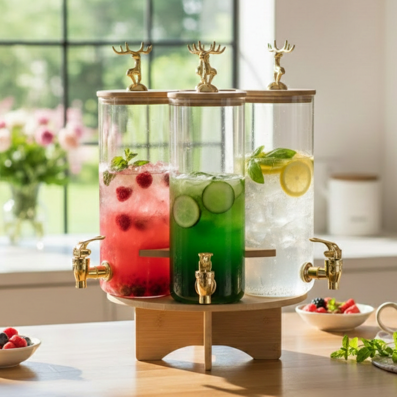 3-Pcs TintedGlass Square Beverage Dispenser Set with Rotatable Wooden Stand (1148)