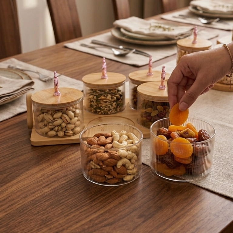 Luxury Ribbed Glass Dry Fruit & Snack Serving Set With Bamboo Lid & Tray (7-Piece)