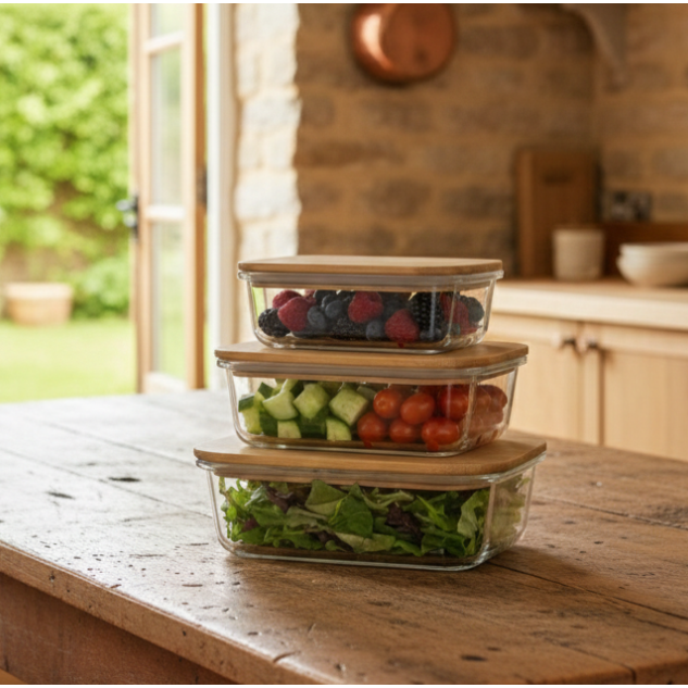 3Pcs Airtight Bamboo-Lid Glass Bowls Set (1146) – Rectangle