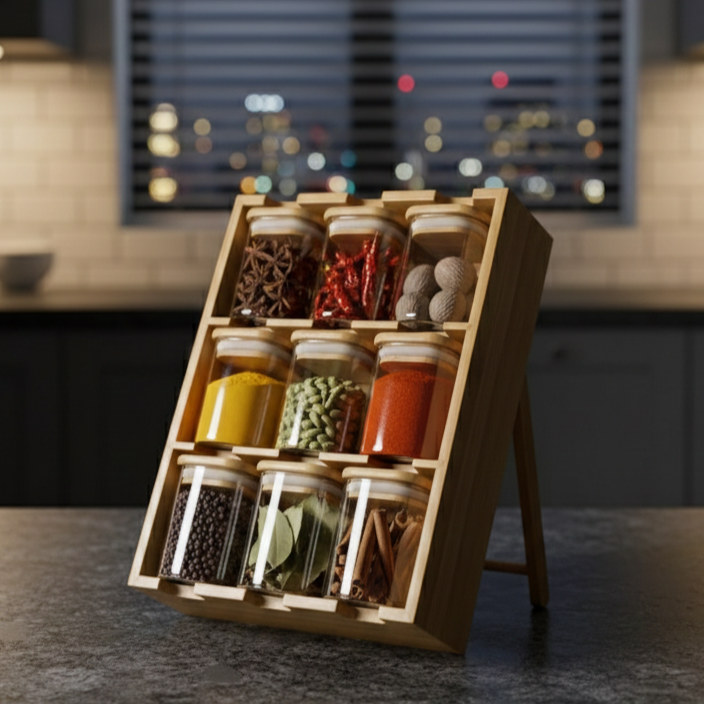 The Spice Slope: 9-Jar Fixed-Angle Bamboo & Glass Gallery (1132)