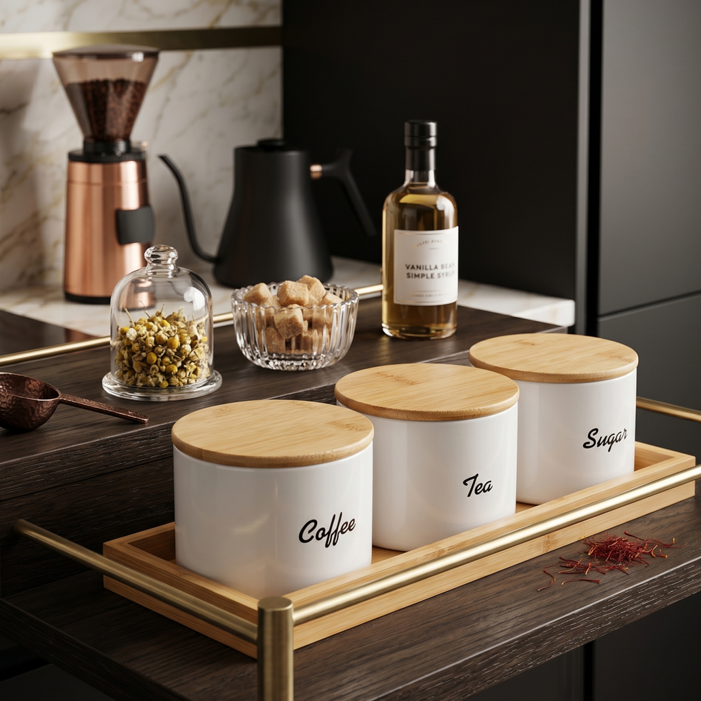 StyleServe Coffee Tea Sugar Glass Jar Set with Bamboo Tray