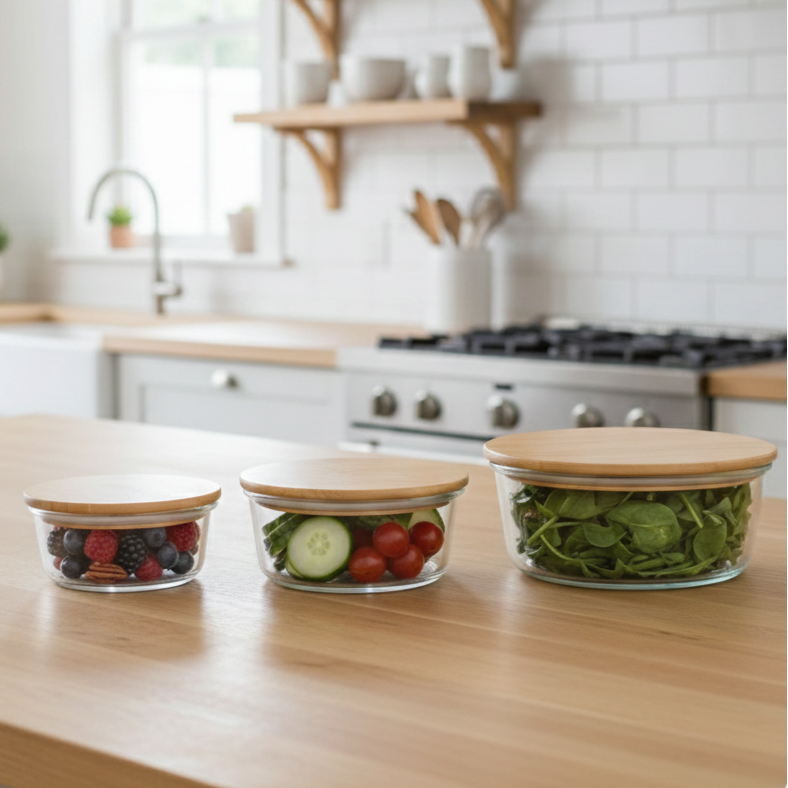 3Pcs Airtight Bamboo-Lid Glass Bowls Set (1145) – Round