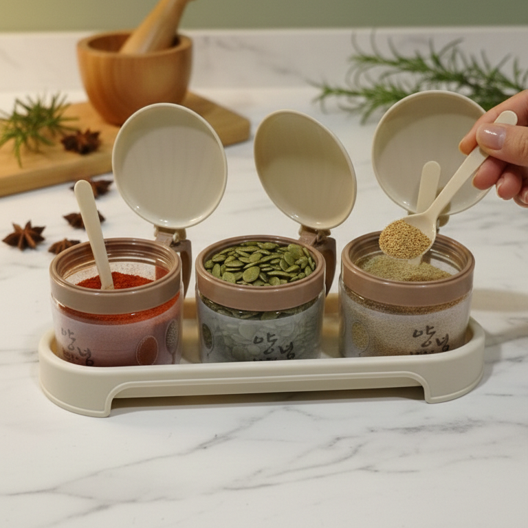 Round 3-Pcs Glass Spice Jars with Plastic Lid & Stand