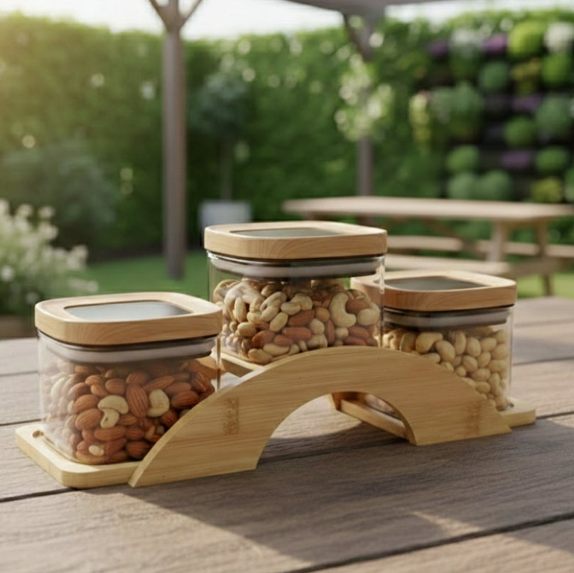 Bamboo Bridge with Square Glass Jars
