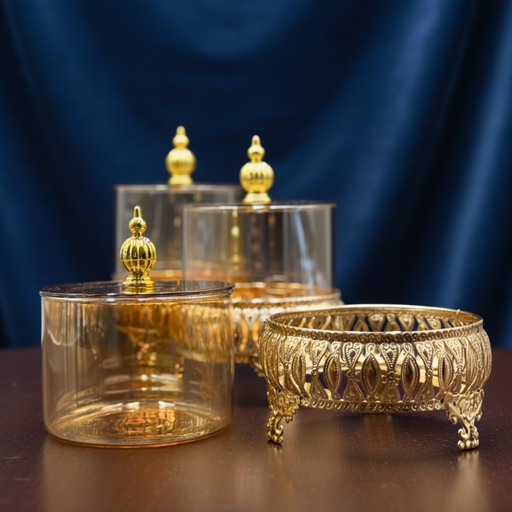 Exquisite 3-Piece Golden Base Glass Jars with Lid 1168