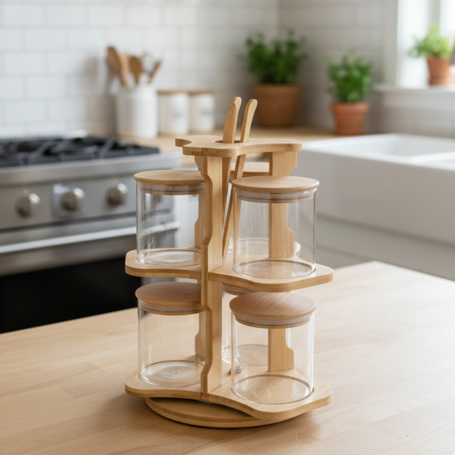 360° Bamboo & Glass Culinary Carousel with Round Jars (1134)
