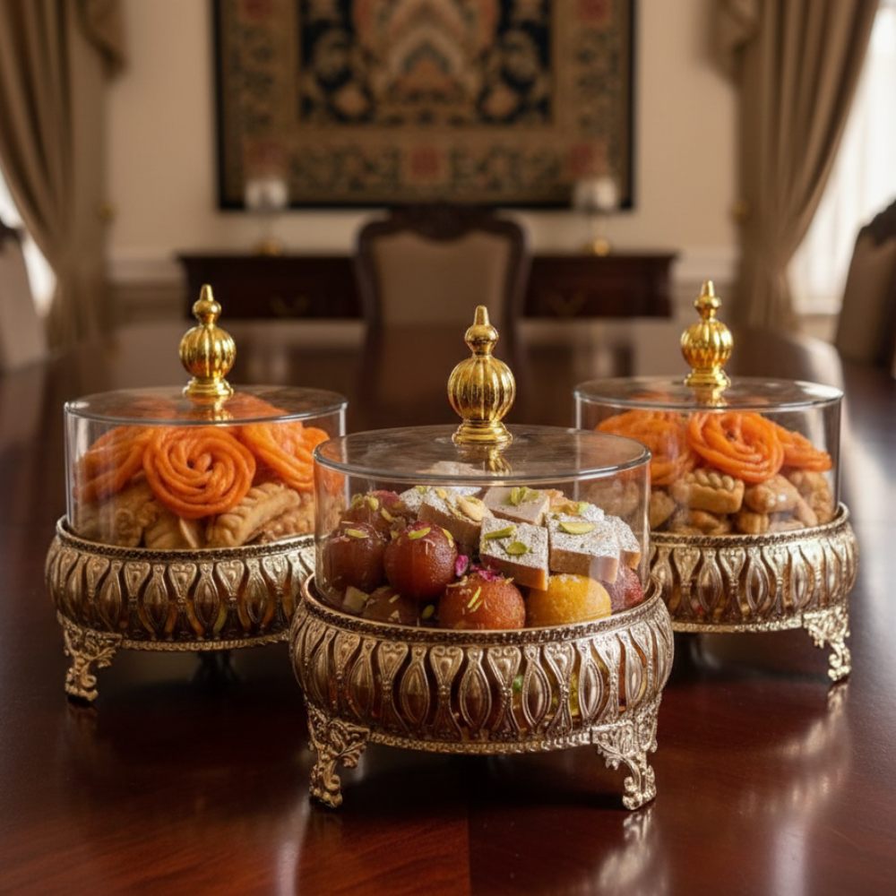 Exquisite 3-Piece Golden Base Glass Jars with Lid 1168