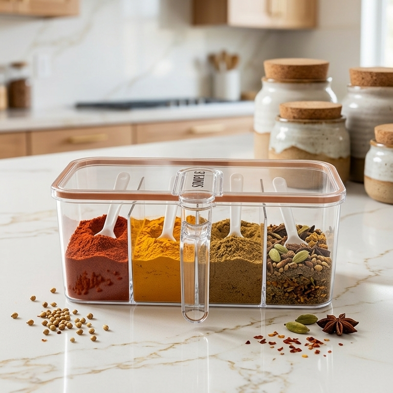 ClearVault 4-Compartment Spice Storage Container with Lid & Spoons