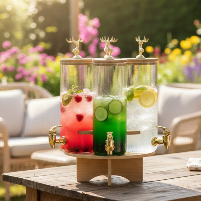 3-Pcs TintedGlass Square Beverage Dispenser Set with Rotatable Wooden Stand (1148)