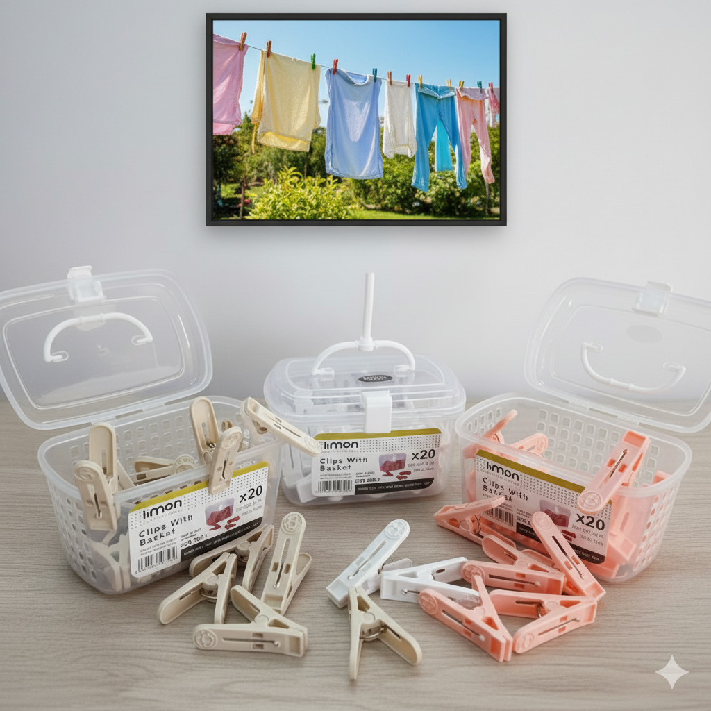 Laundry Essentials Clips Box with Handle – 20 Pcs (1110) by Limon
