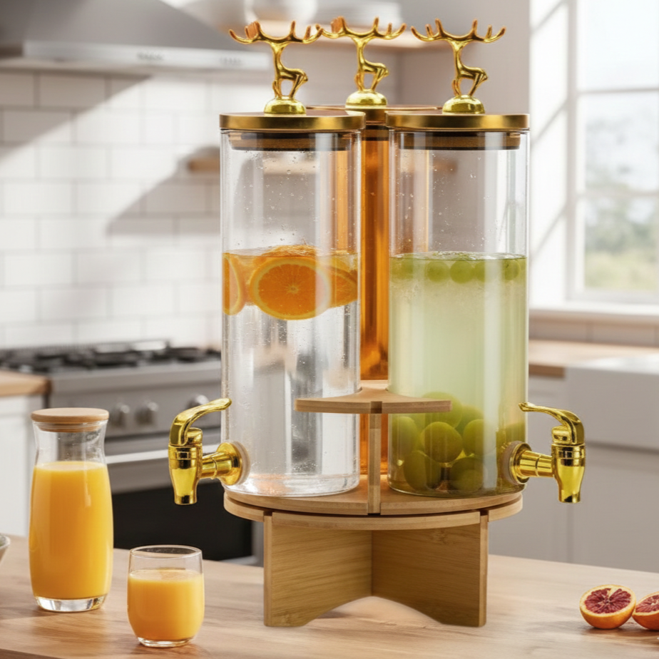 3-Pcs TintedGlass Round Beverage Dispenser Set with Rotatable Wooden Stand (1147)