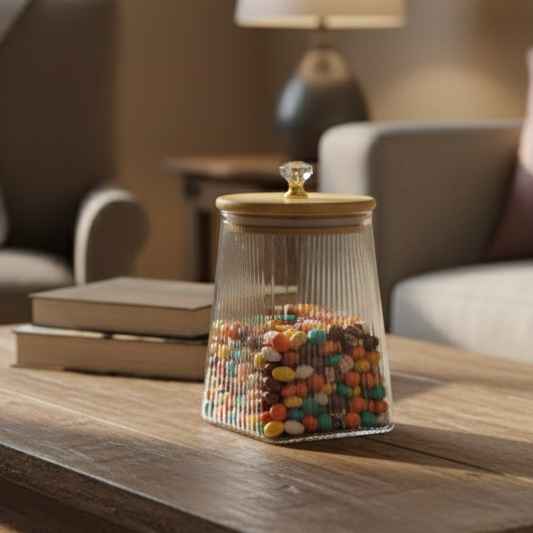 Ribbed Airtight Glass Jar with Bamboo Lid & Crystal Knob