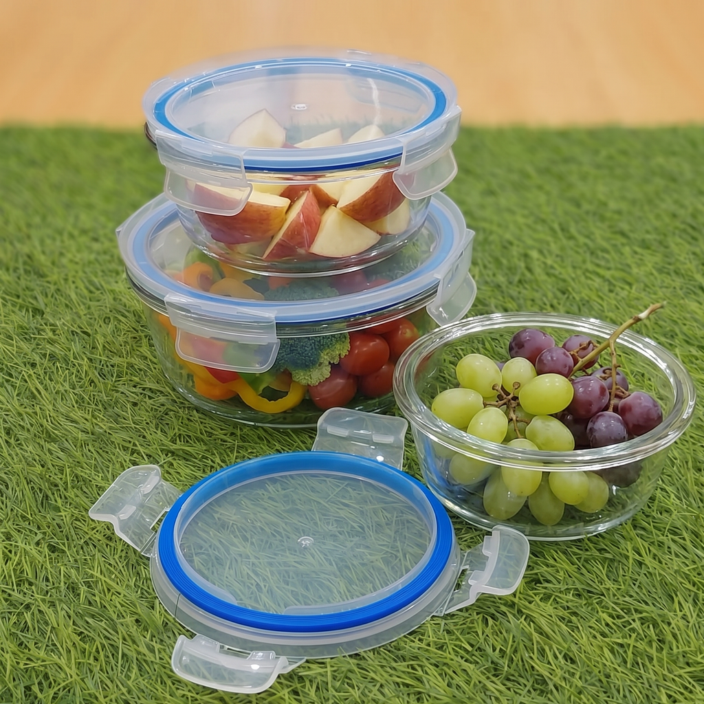 3-Pcs Round Glass Food Storage Containers with Lids