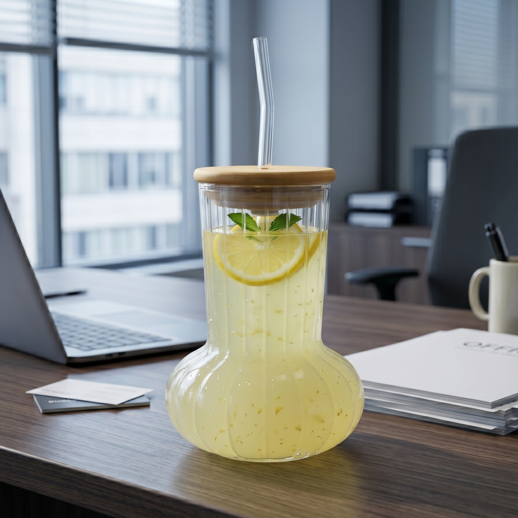Modish Glass Tumbler with Wooden Lid & Glass Straw