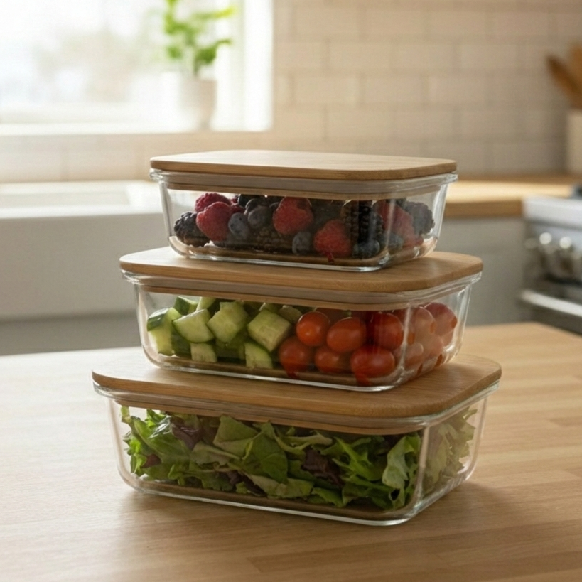 3Pcs Airtight Bamboo-Lid Glass Bowls Set (1146) – Rectangle