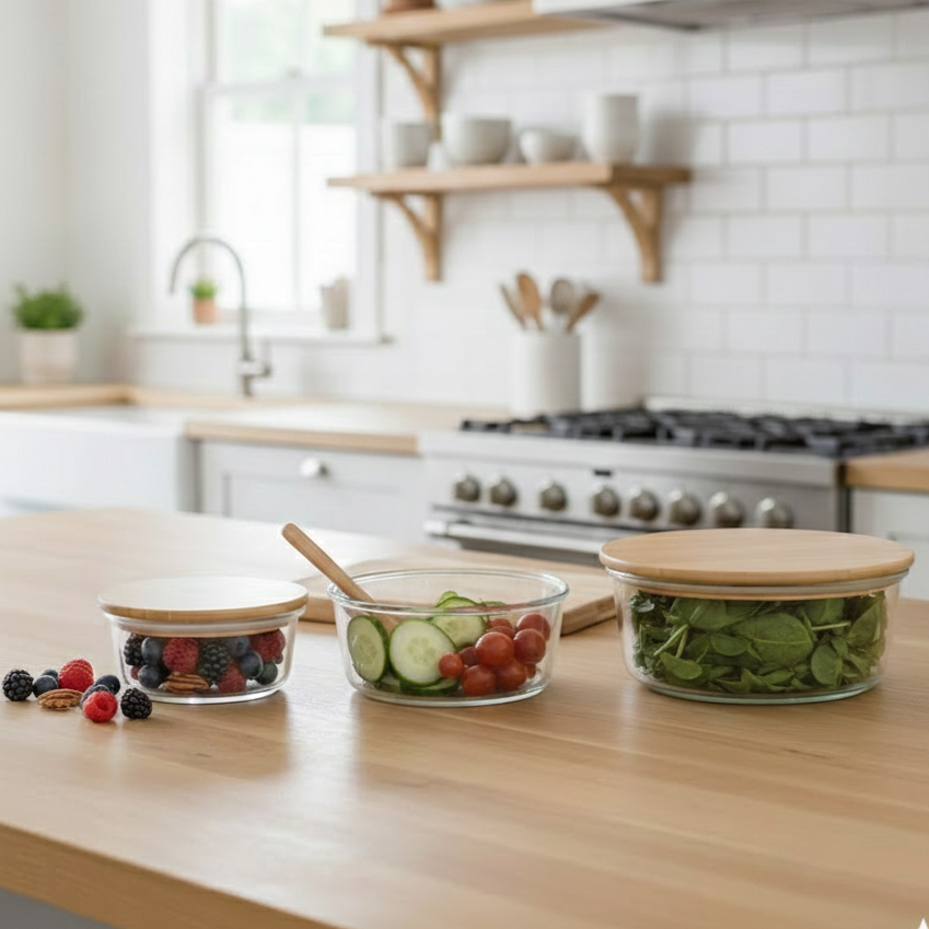 3Pcs Airtight Bamboo-Lid Glass Bowls Set (1145) – Round