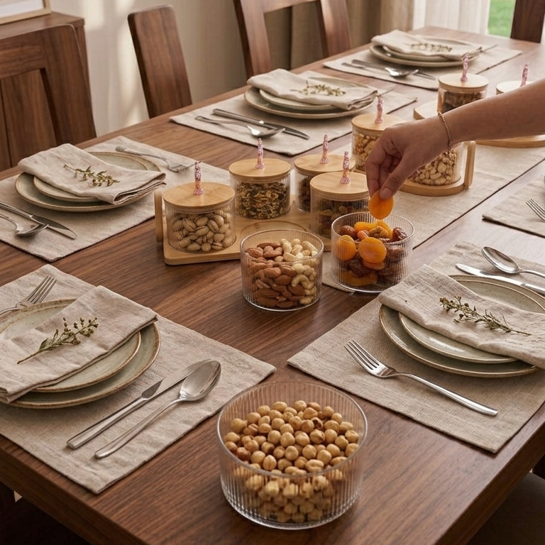Luxury Ribbed Glass Dry Fruit & Snack Serving Set With Bamboo Lid & Tray (7-Piece)