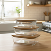 3Pcs Airtight Bamboo-Lid Glass Bowls Set (1146) – Rectangle