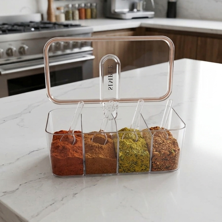 ClearVault 4-Compartment Spice Storage Container with Lid & Spoons