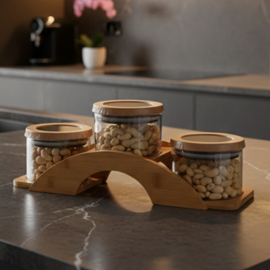 Bamboo Bridge with Round Glass Jars