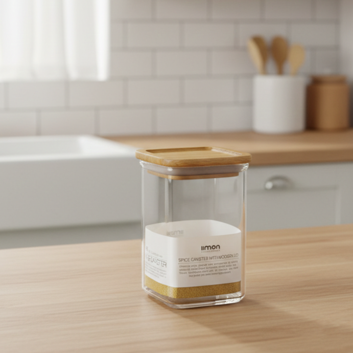 400ml Square Food Storage Jar with Wooden Lid (2198) by Limon