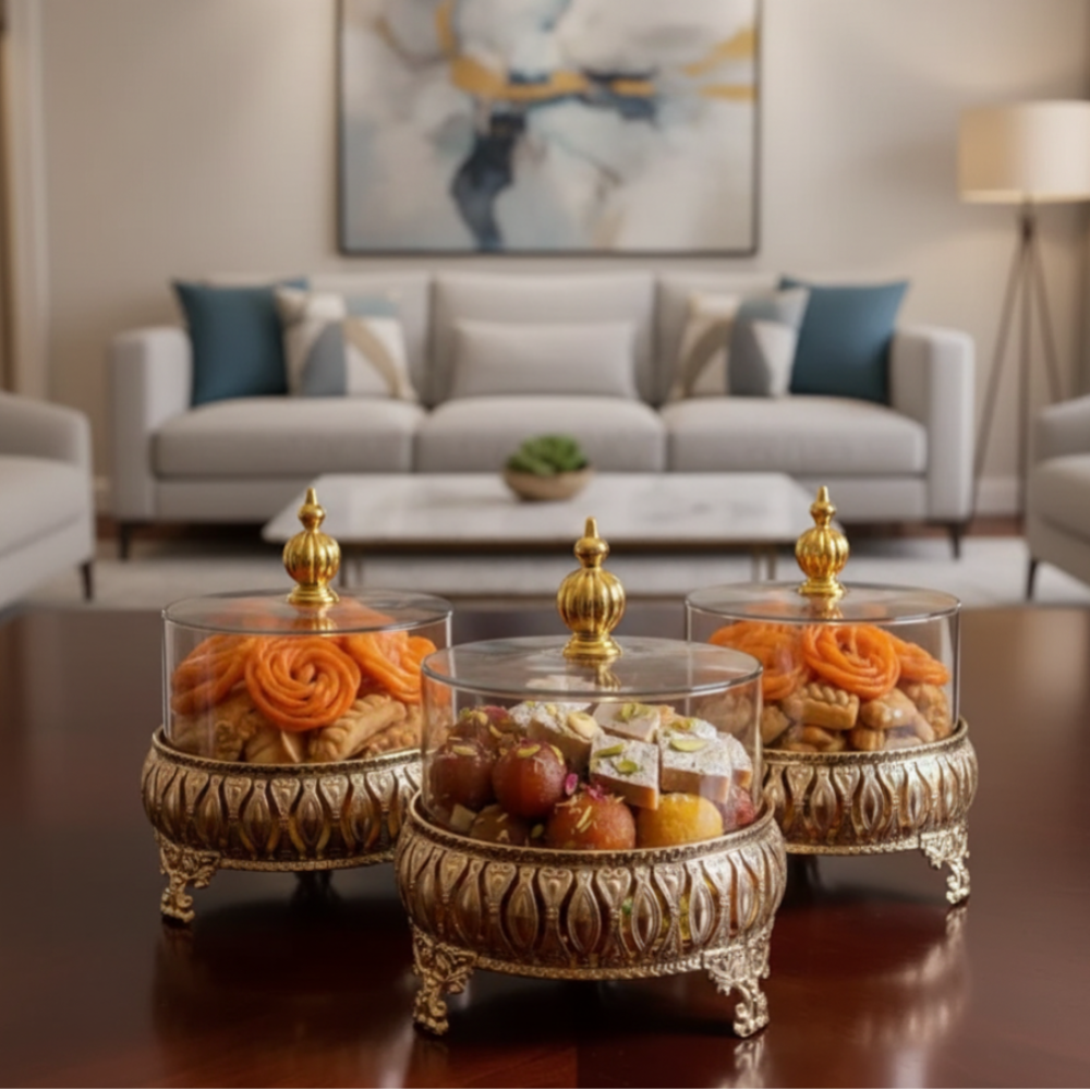 Exquisite 3-Piece Golden Base Glass Jars with Lid 1168