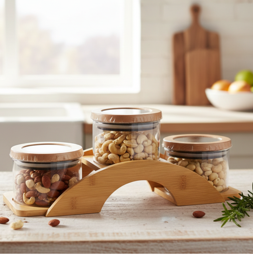 Bamboo Bridge with Round Glass Jars
