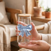 Glass Bow Tumbler with Airtight Bamboo Lid & Glass Straw