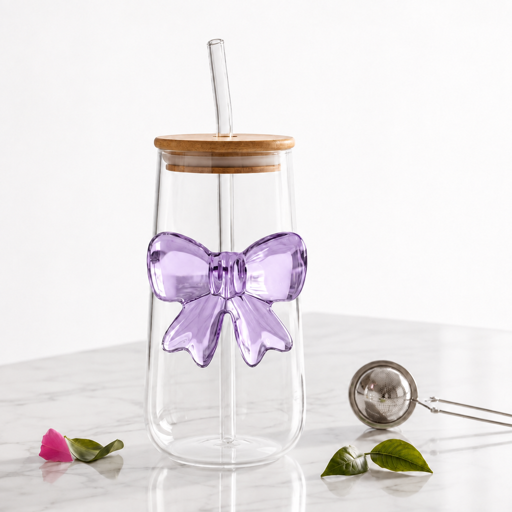 Glass Bow Tumbler with Airtight Bamboo Lid & Glass Straw