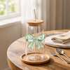 Glass Bow Tumbler with Airtight Bamboo Lid & Glass Straw