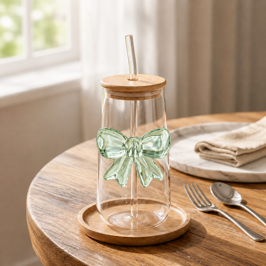 Glass Bow Tumbler with Airtight Bamboo Lid & Glass Straw