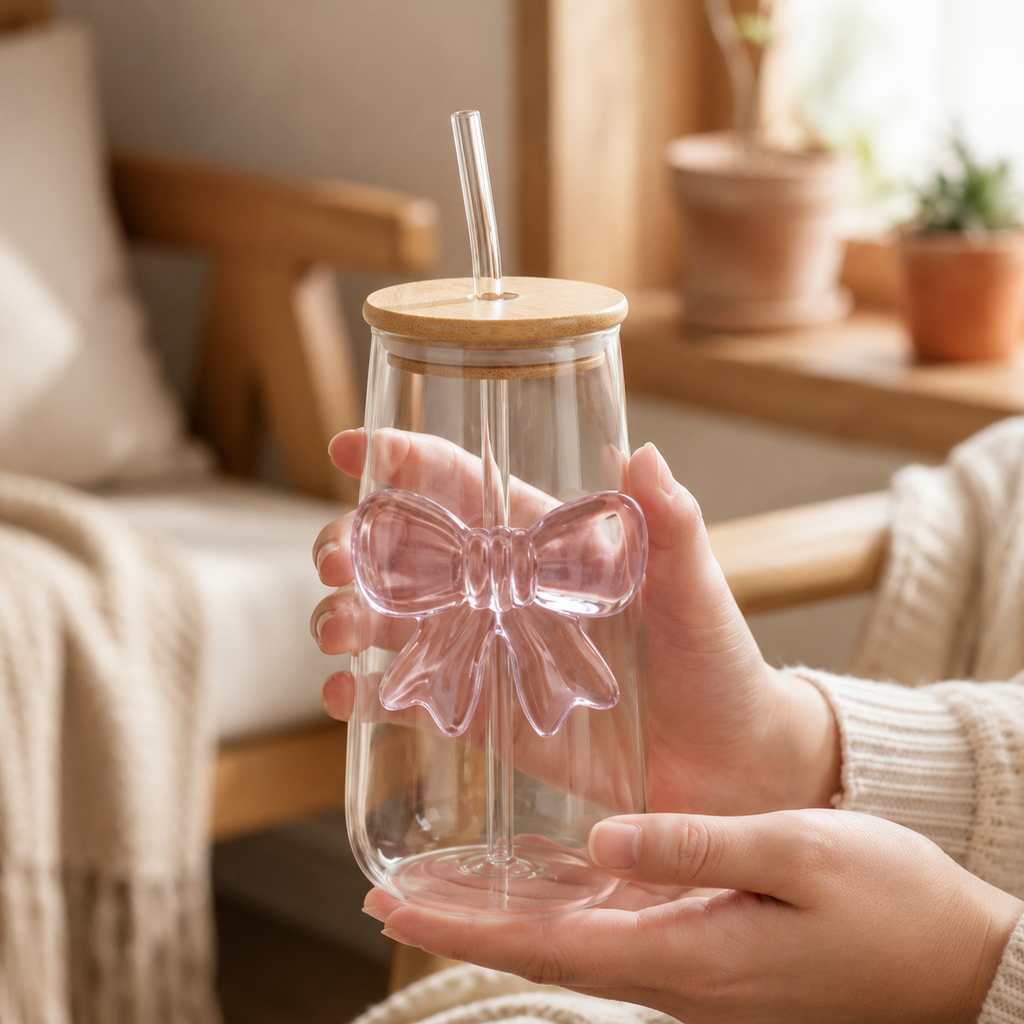 Glass Bow Tumbler with Airtight Bamboo Lid & Glass Straw