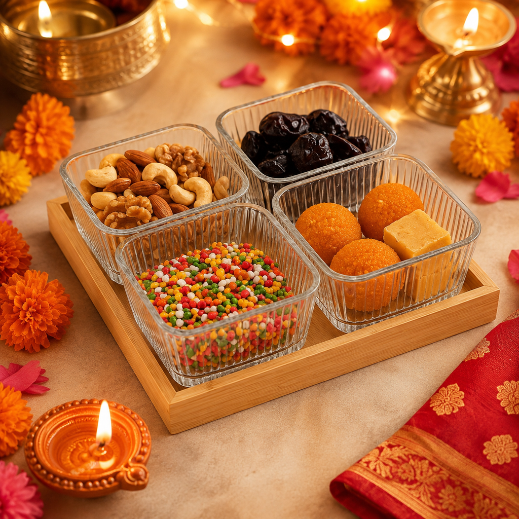 Glass Serving Bowl Set with Wooden Tray – 3 or 4 Bowls
