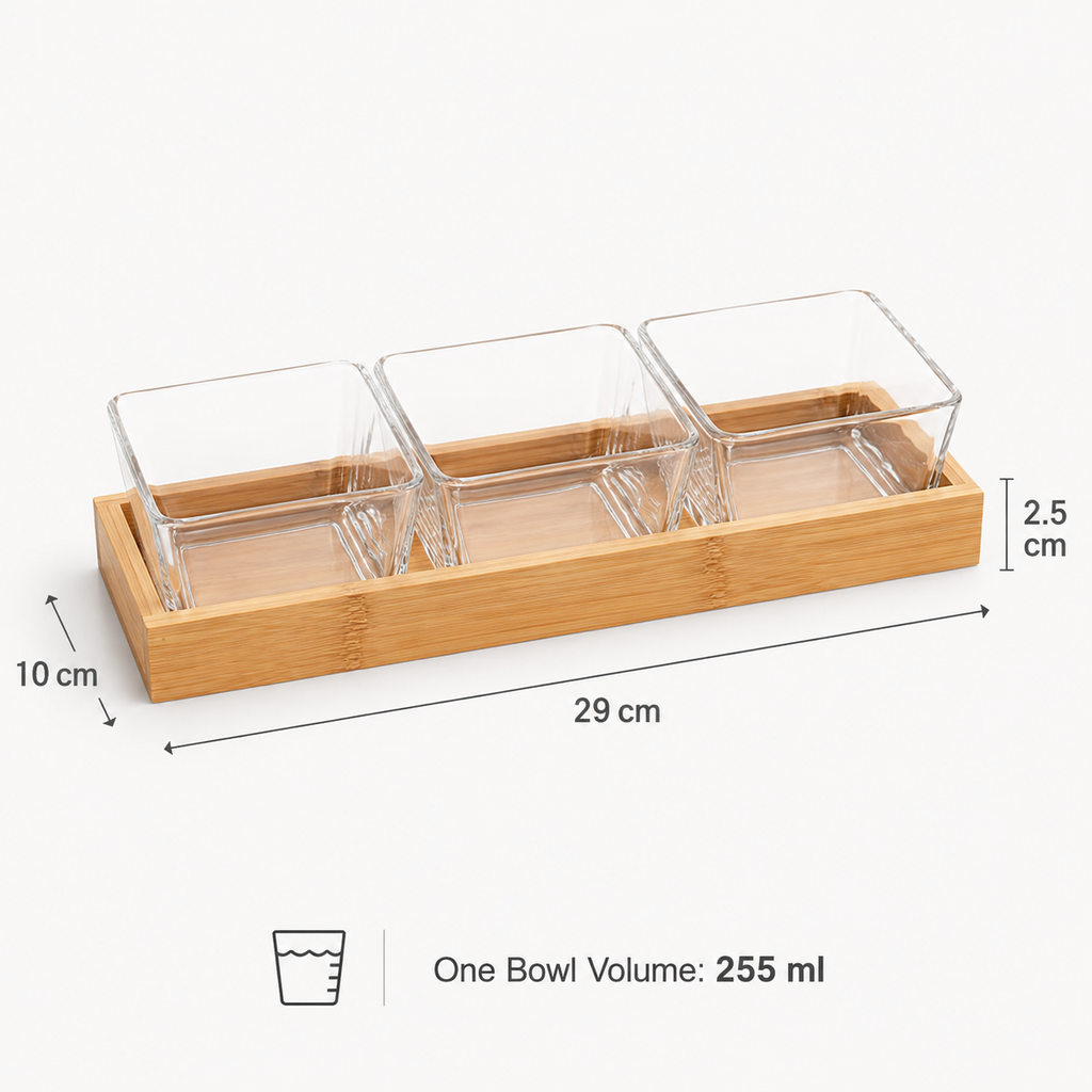 Glass Serving Bowl Set with Wooden Tray – 3 or 4 Bowls