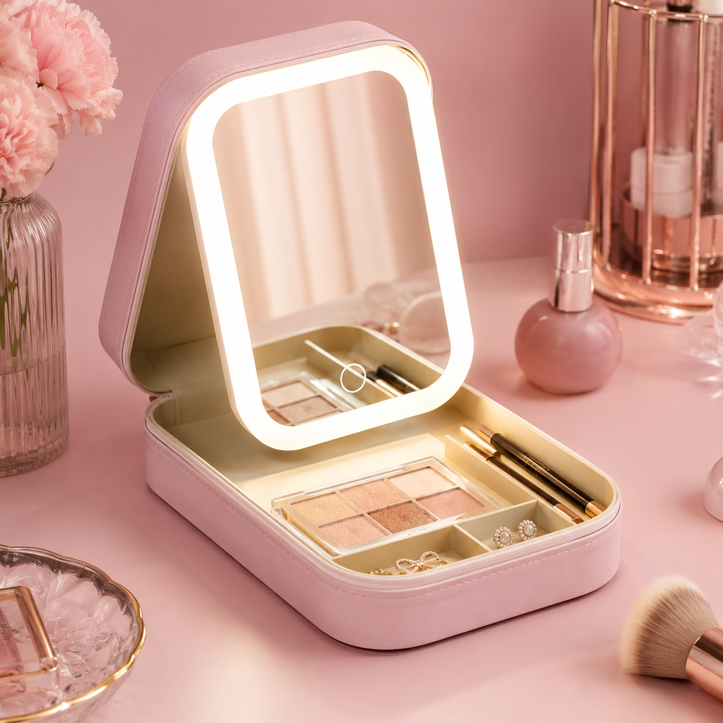 Portable Makeup Case with 3-Light Touch Mirror