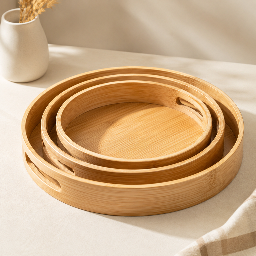 Round Bamboo Serving Trays with Handles | Set of 3 Sizes