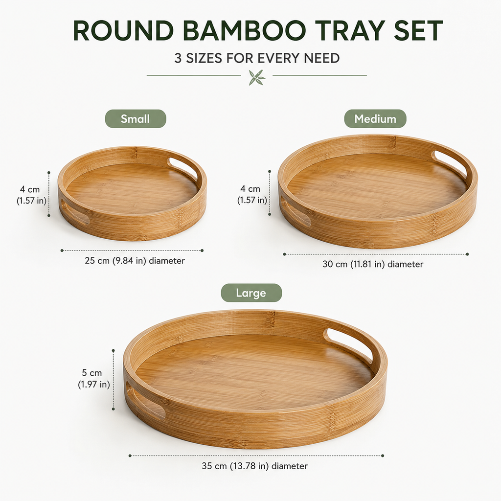 Round Bamboo Serving Trays with Handles | Set of 3 Sizes