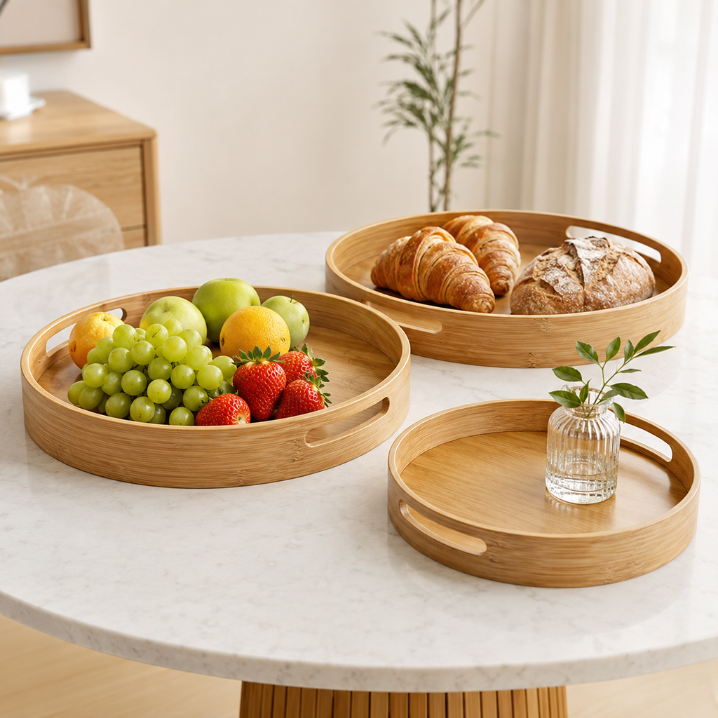 Round Bamboo Serving Trays with Handles | Set of 3 Sizes