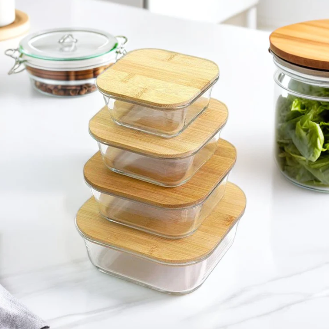 4Pcs Airtight Bamboo-Lid Glass Bowls Set – Square