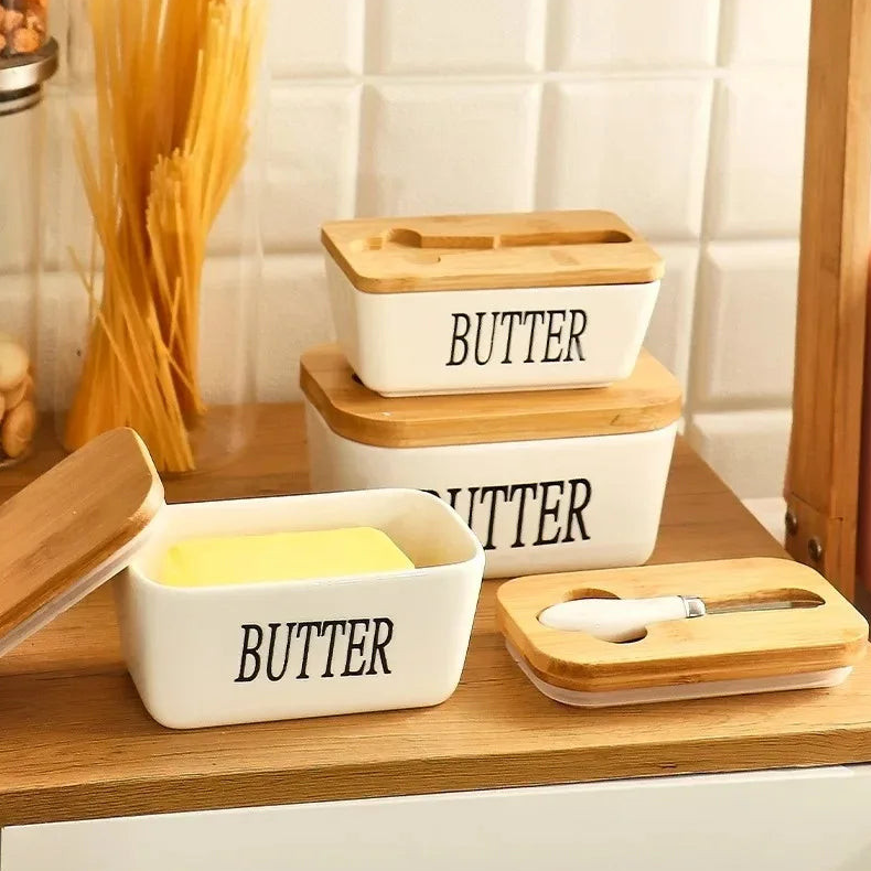 Ceramic Butter Dish with Bamboo Lid & Knife
