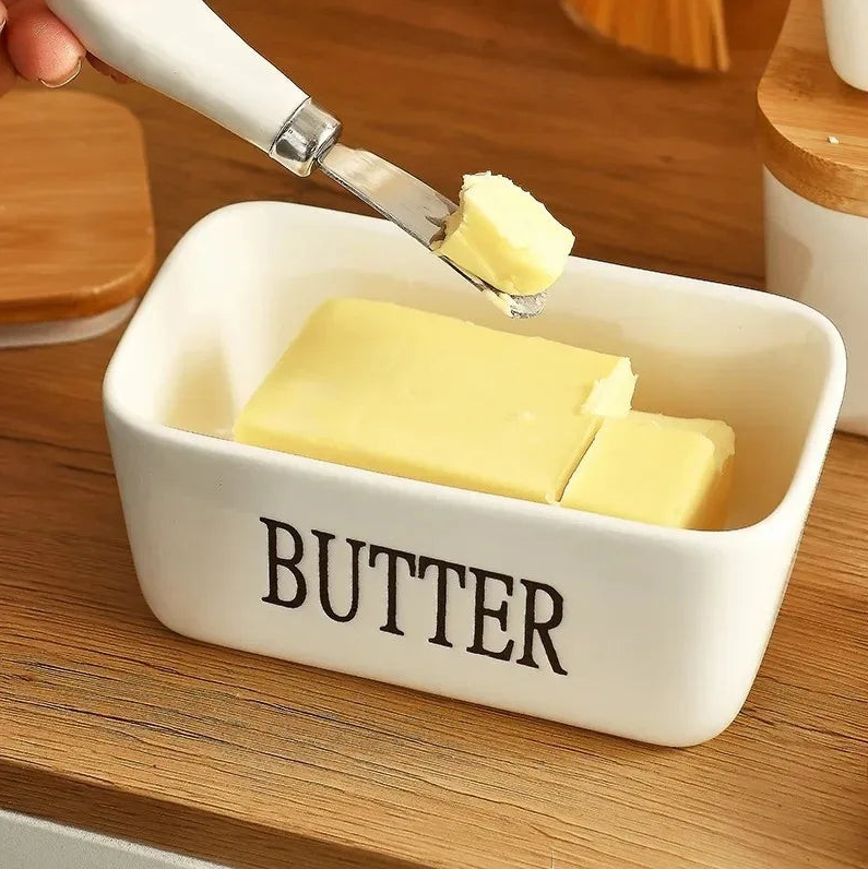 Ceramic Butter Dish with Bamboo Lid & Knife