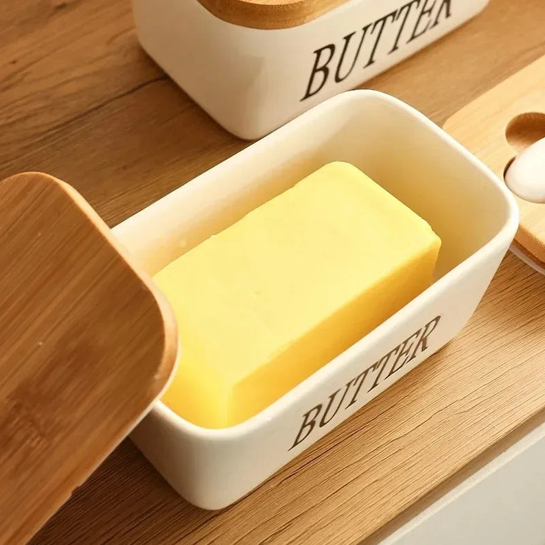 Ceramic Butter Dish with Bamboo Lid & Knife