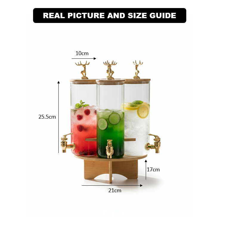 3-Pcs TintedGlass Square Beverage Dispenser Set with Rotatable Wooden Stand (1148)