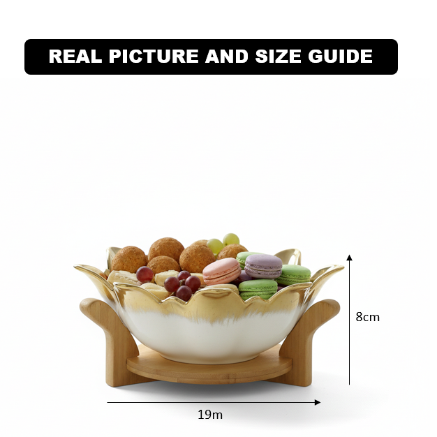 WhiteGold Ceramic Bowl with Wood Base