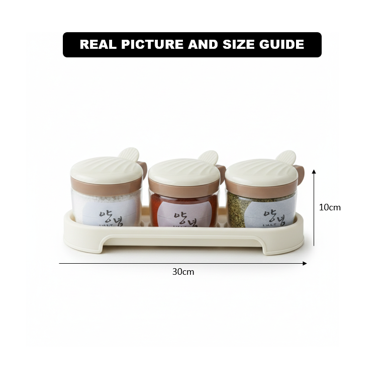 Round 3-Pcs Glass Spice Jars with Plastic Lid & Stand